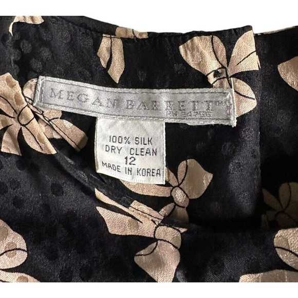 Vintage 80s Megan Barrett 100% Silk Black Bow Print Belted Secretary Dress Sz 12 - Picture 8 of 8